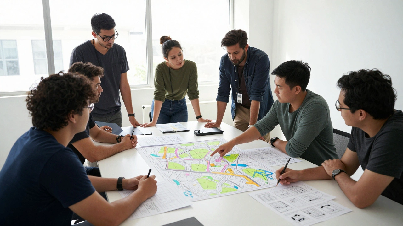 Film crew reviewing storyboards and maps during a pre-production meeting