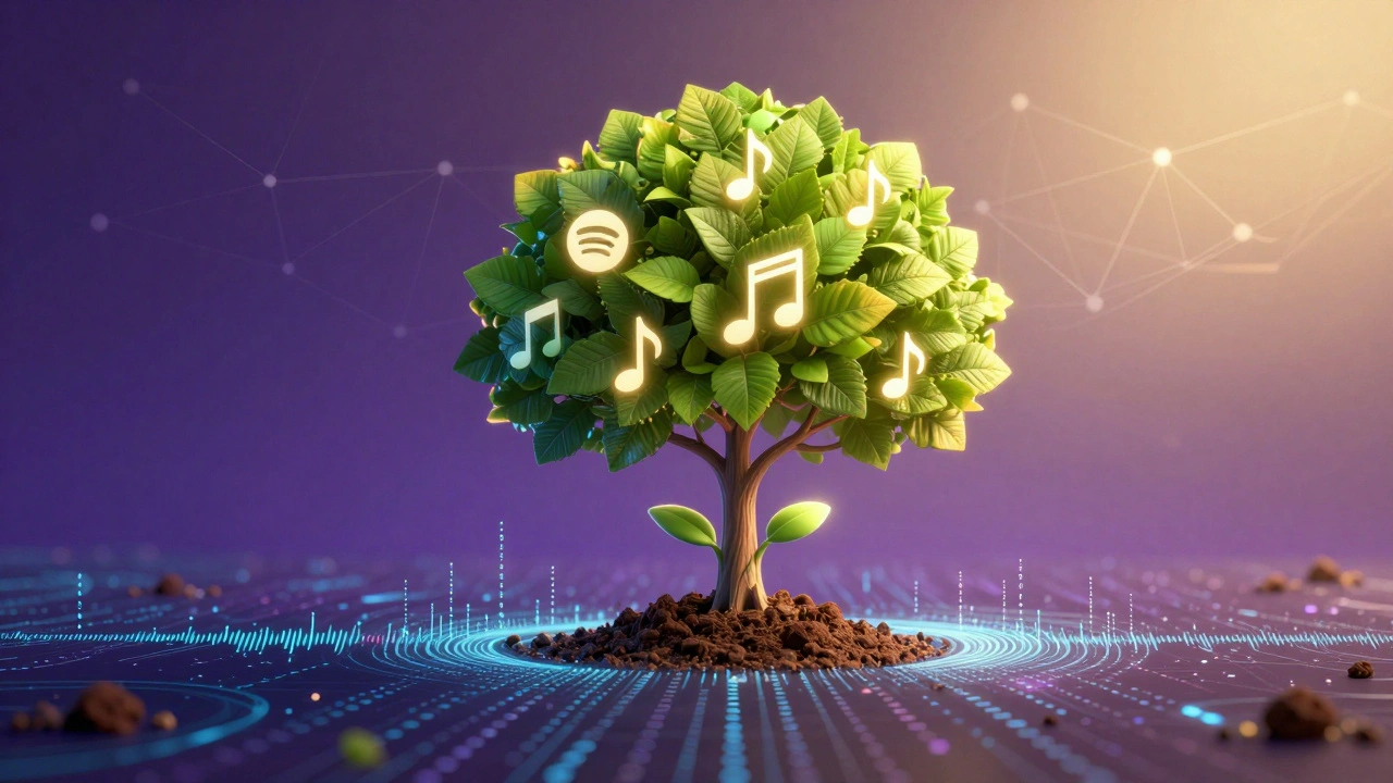 Glowing digital tree growing from sound waves and code