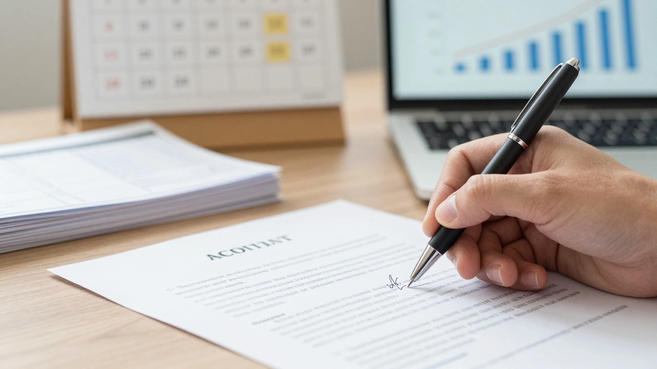 Hand signing music contract with financial planning tools nearby