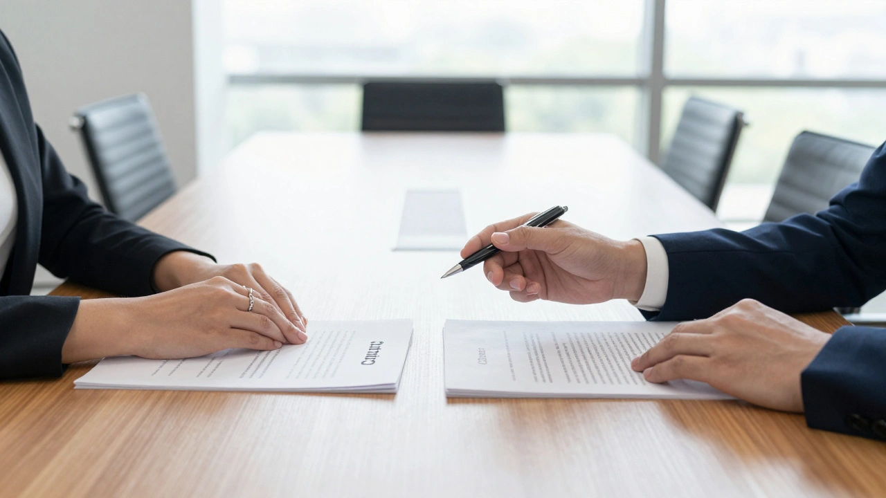 Hands negotiating a contract across a sleek boardroom table