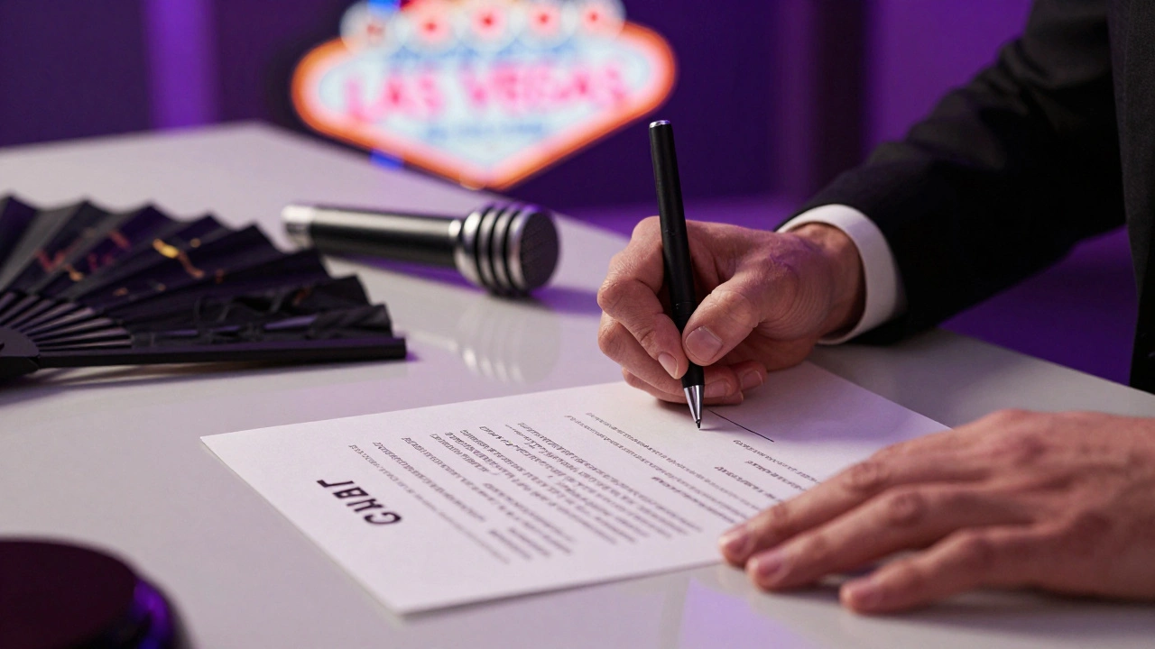 Hands signing a performance contract with Vegas lights