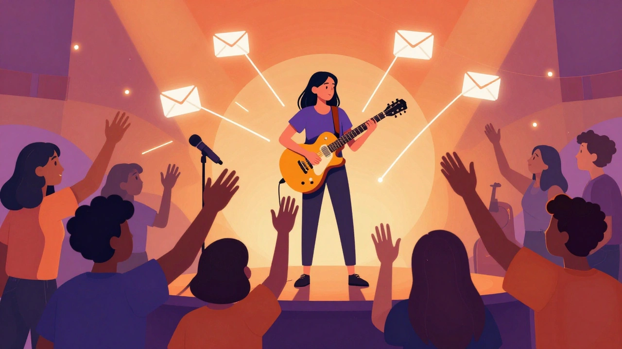 Illustration of Alli Starr connecting directly with fans through glowing threads of community and trust.