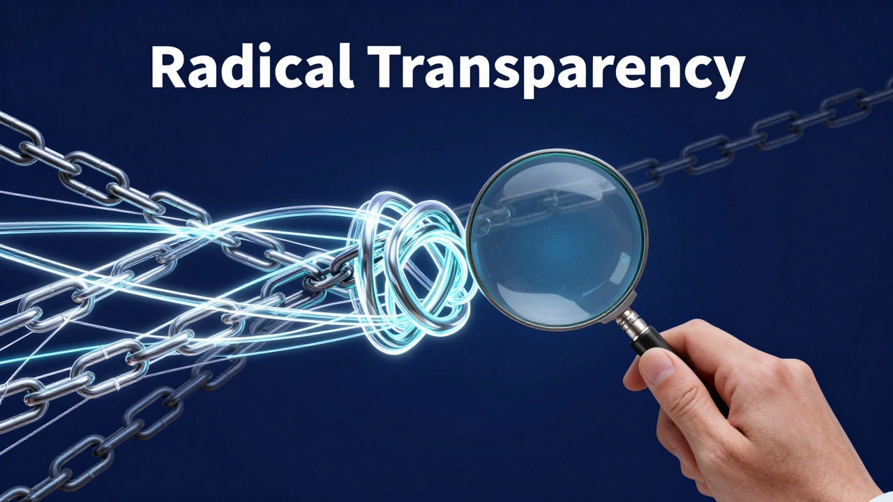 Illustration of tangled chains turning into clear light strands for transparency.