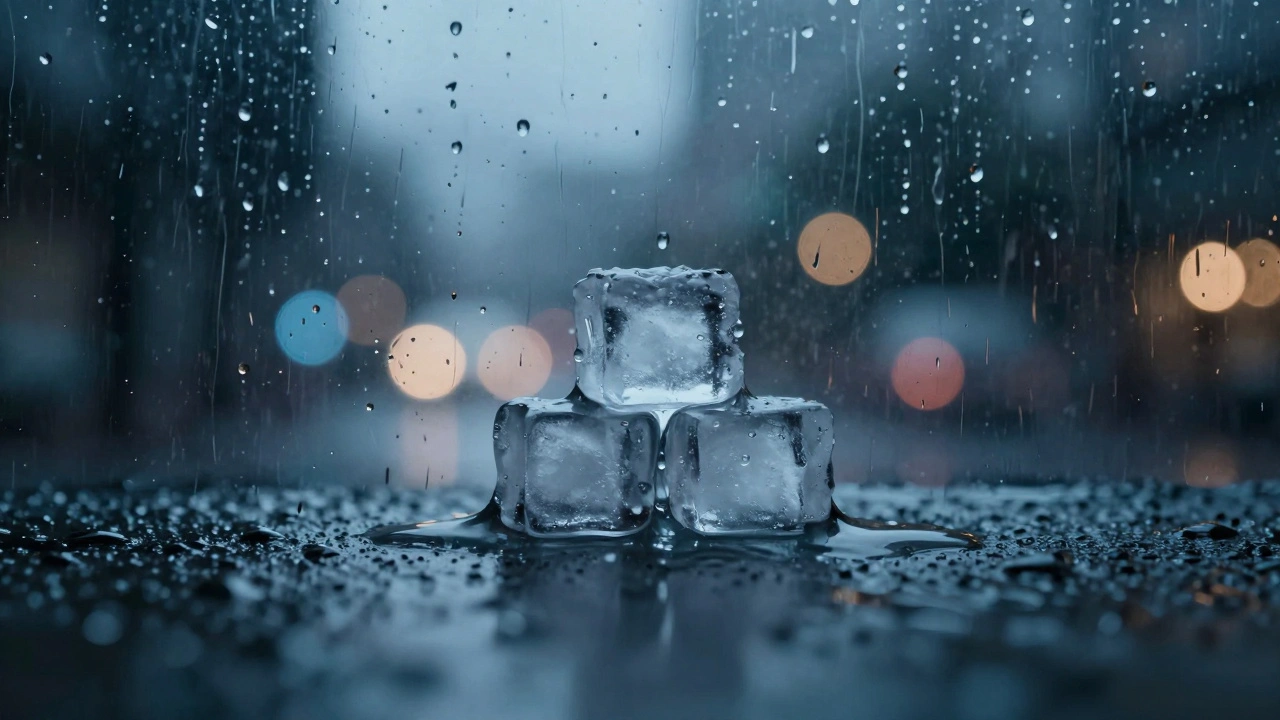 Melting ice cubes on rainy windowpane