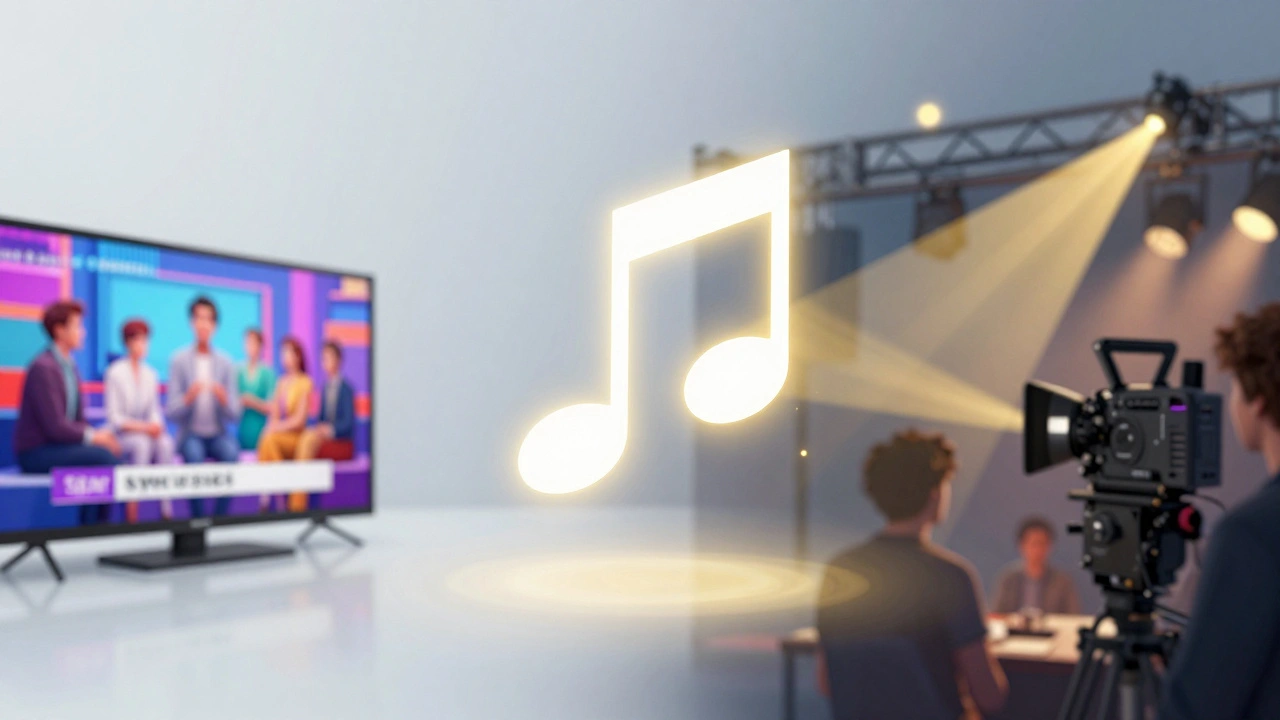 Musical note connecting to TV commercial and movie set scenes