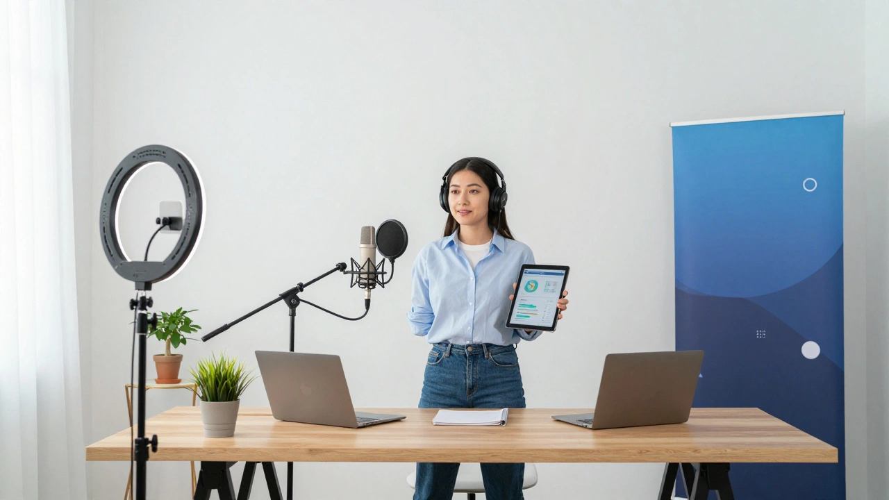 Musician in studio with digital and corporate branding elements