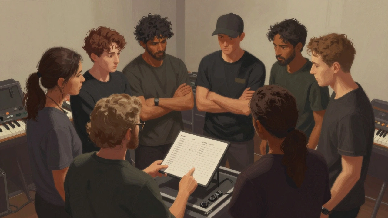 Musicians discussing feedback in a collaborative circle