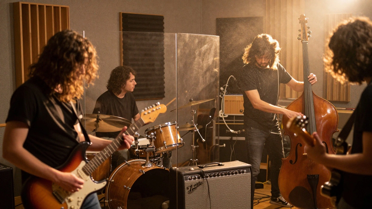 Musicians playing drums and bass live in studio