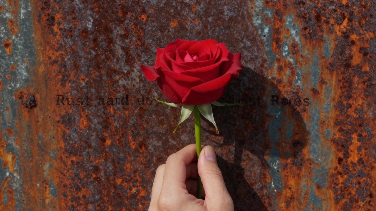 Red rose held against a background of rusted industrial metal