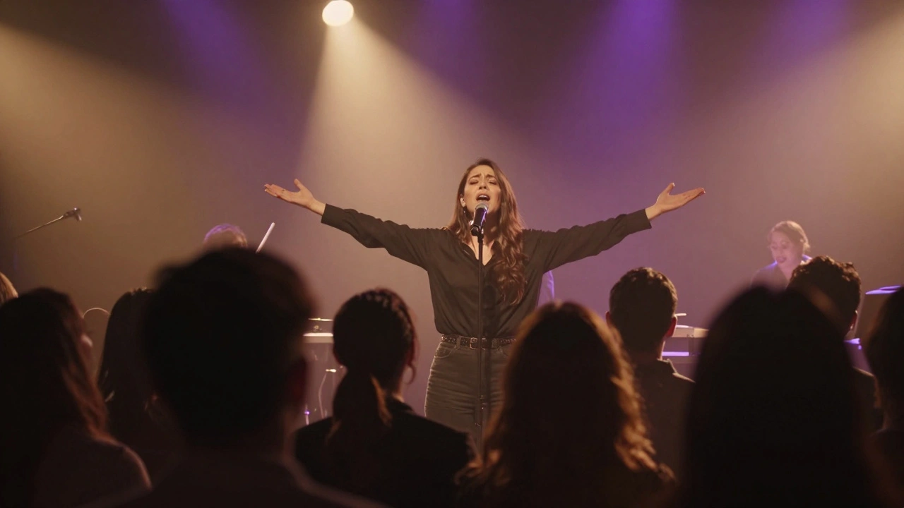 Singer connecting with emotional audience during a powerful live tribute performance.
