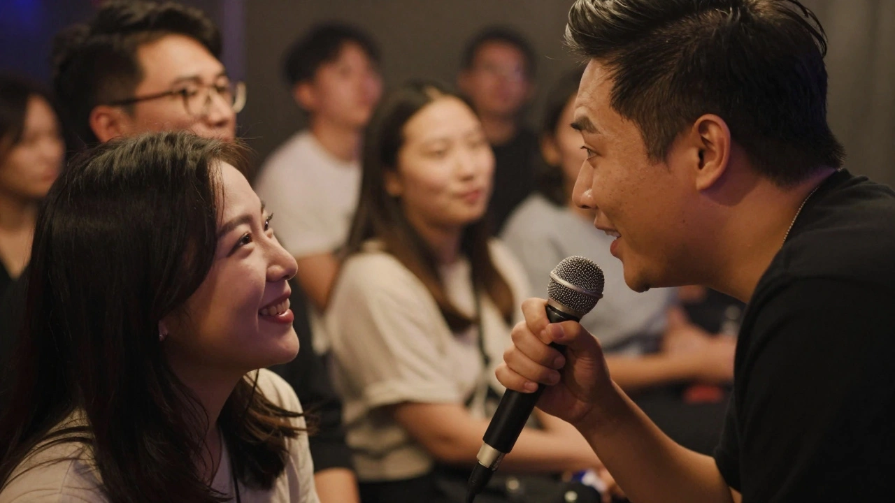 Singer making direct eye contact with a smiling fan in a cozy club setting.