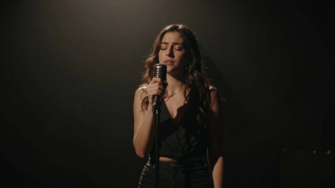 Singer performing an intimate solo under a spotlight