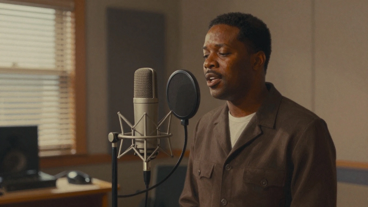 Singer with vintage microphone in a minimalist studio setting.