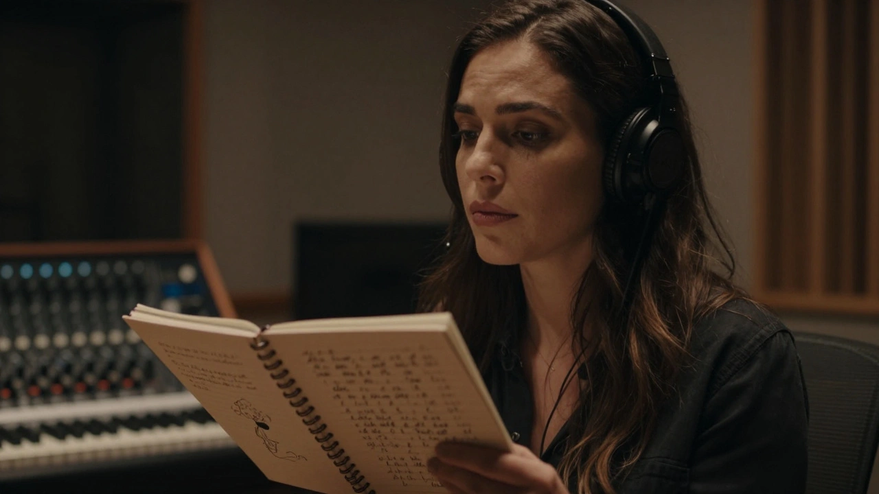 Singer writing notes in a notebook in a recording studio