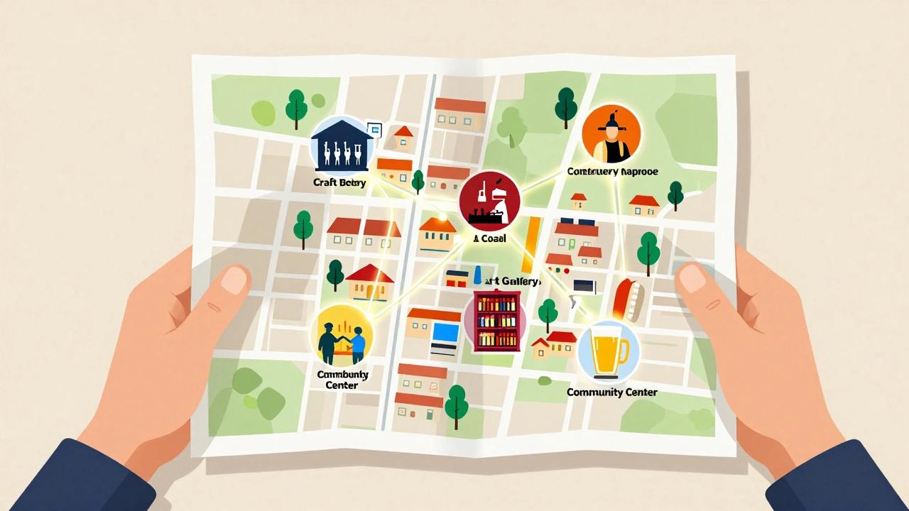 Stylized map showing connections between local venues like breweries and galleries.