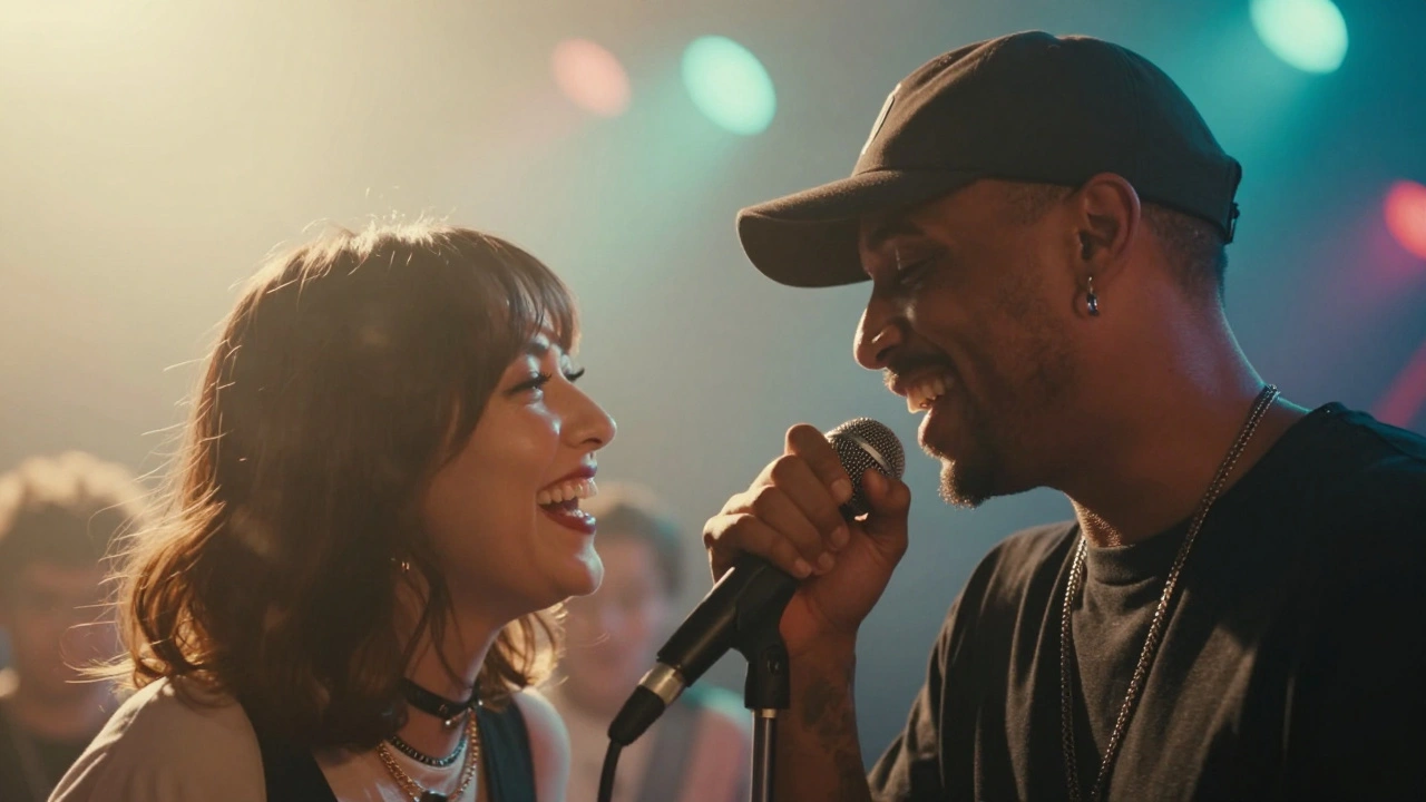 Two artists sharing a microphone and laughing on stage during a spontaneous collaboration