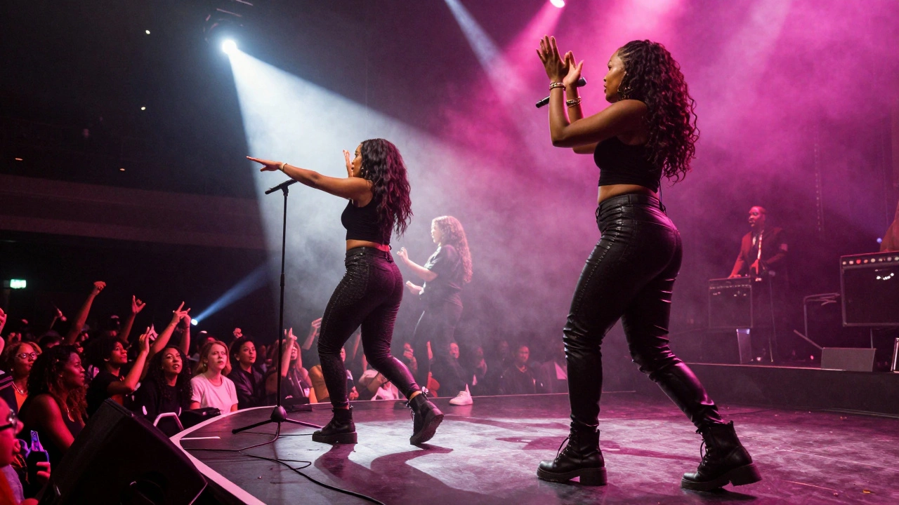 Two singers engaging the crowd dynamically during a funk concert performance