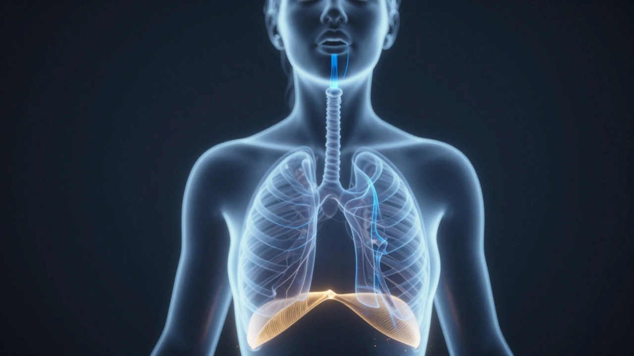 Abstract illustration showing breath flow from diaphragm to mouth for singing.