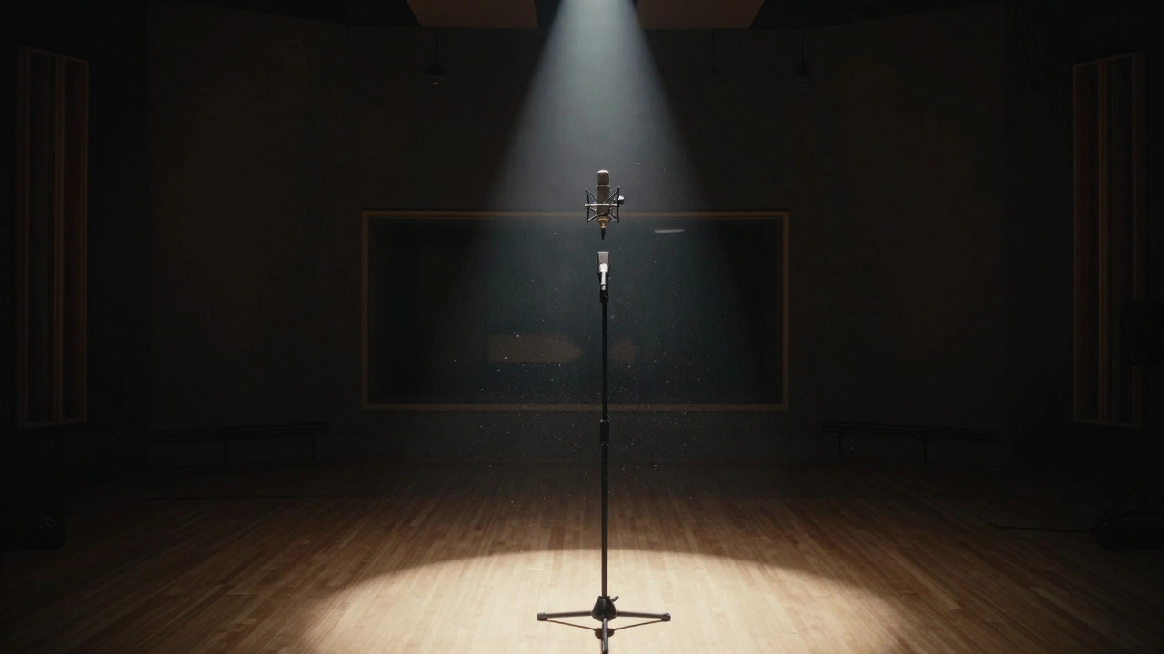Lone microphone on a dark stage under a spotlight, symbolizing silence.