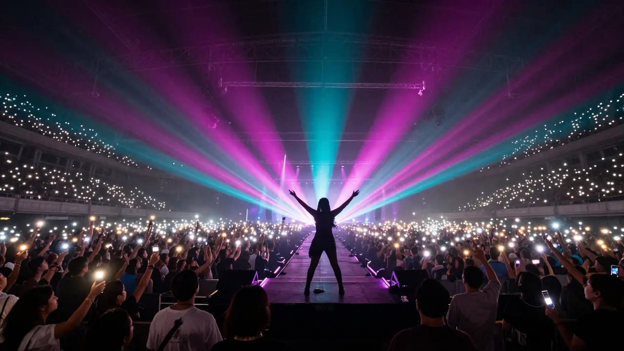A massive arena concert with thousands of fans holding up lights