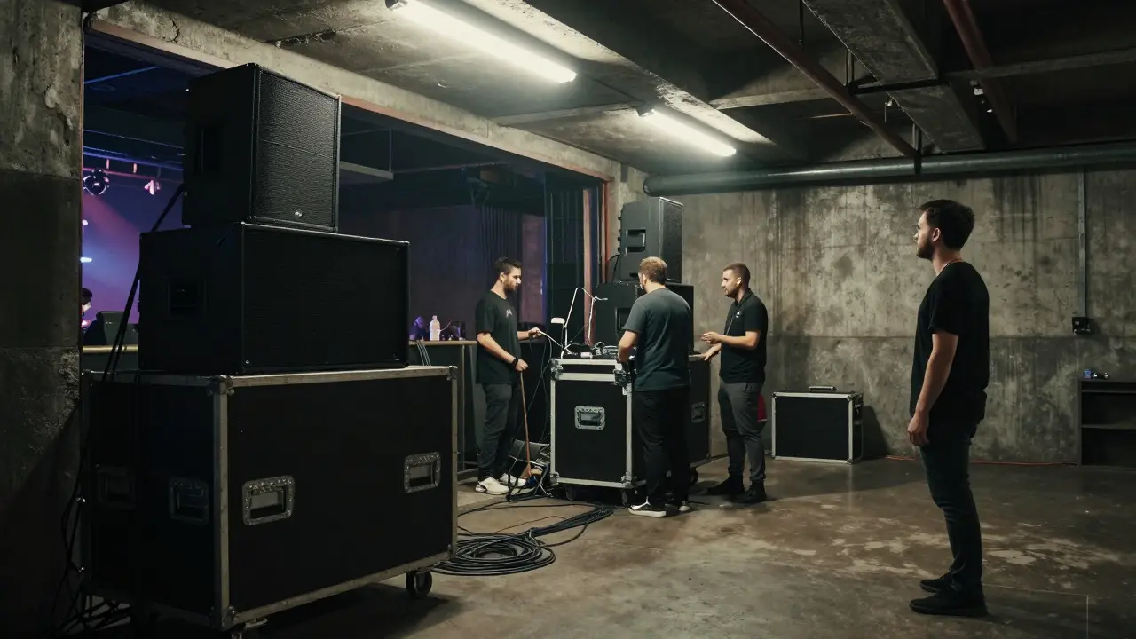 A musician observing and assisting technical staff in a backstage loading dock area