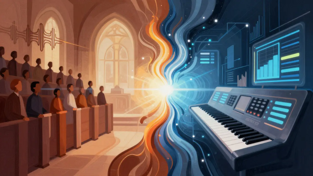 Abstract art merging warm gospel sounds with cool digital R&amp;B patterns
