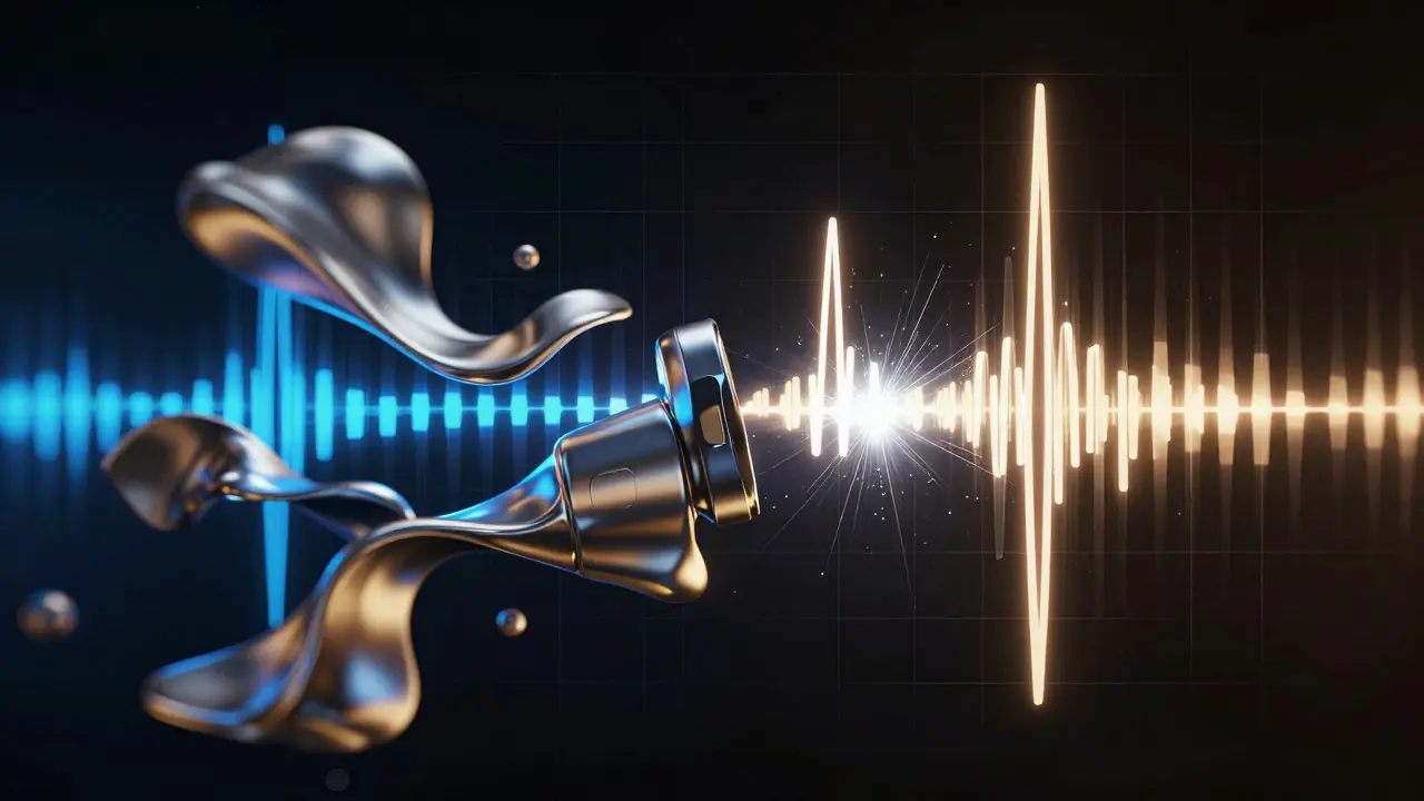Abstract art showing fluid camera motion shapes interacting with pulsing vertical light bars representing music
