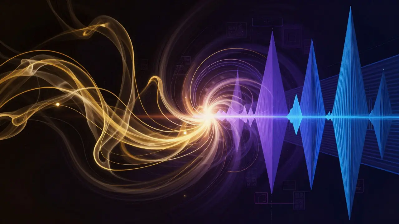 Abstract art showing golden melodic lines merging with blue rhythmic shapes