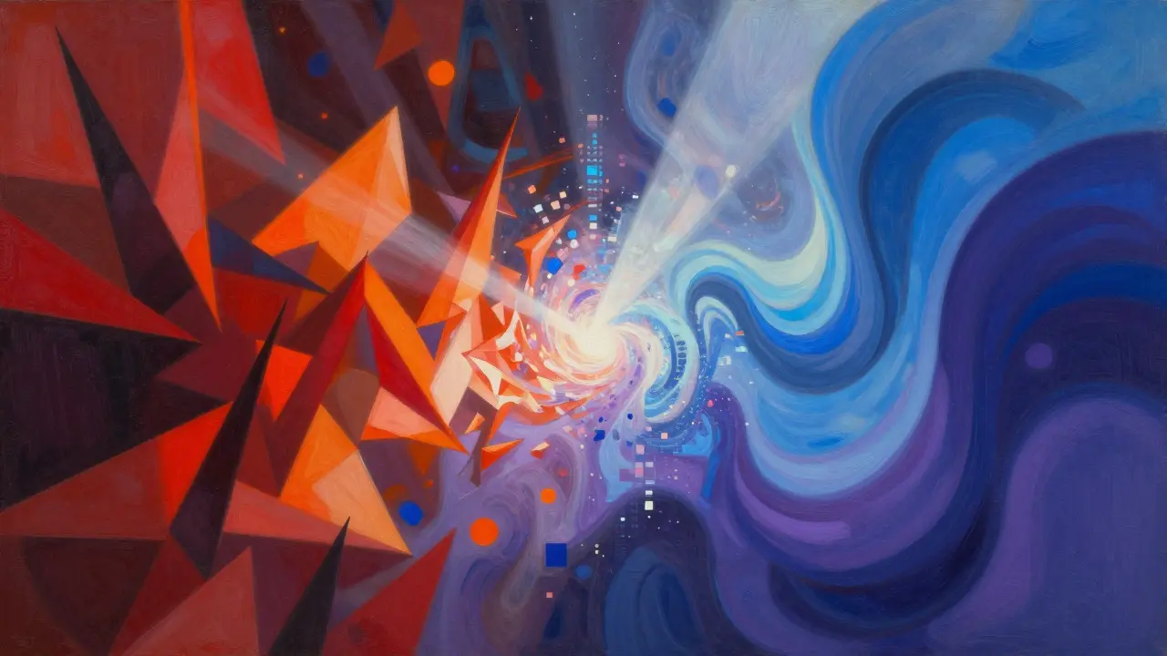 Abstract art showing red rock shapes merging with blue electronic waves
