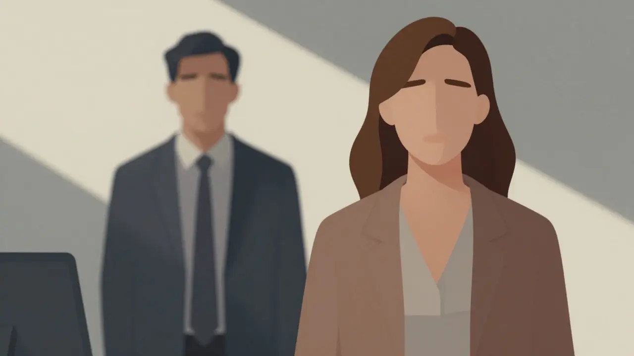 Abstract depiction of two figures showing reversed power dynamics in clothing