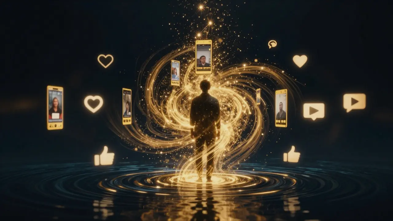 Abstract digital art showing audio content transforming into social media clips and engagement metrics.