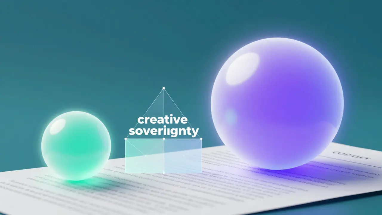 Abstract digital art showing two glowing orbs interacting over a document, symbolizing creative sovereignty and legal boundaries.