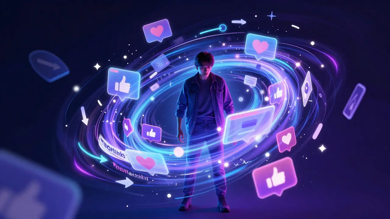 Abstract figure surrounded by swirling social media icons and light