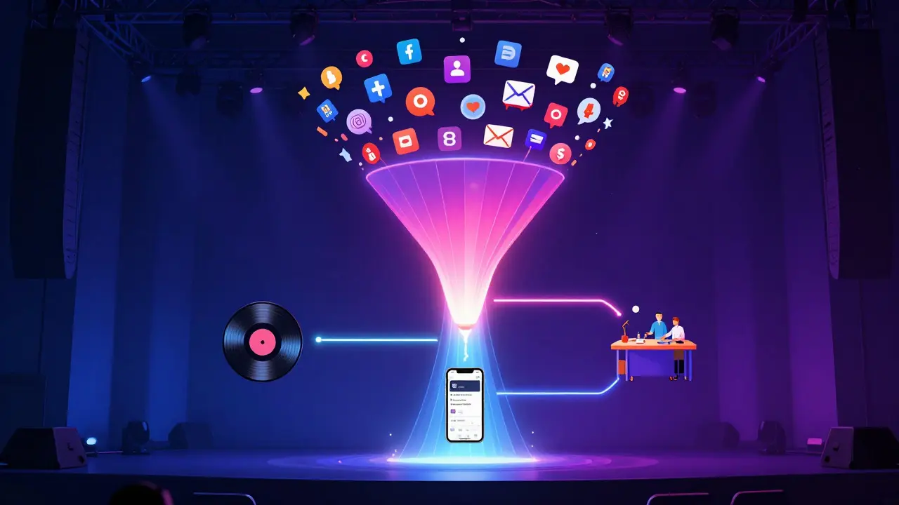 Abstract illustration of a digital funnel representing scalable music business models
