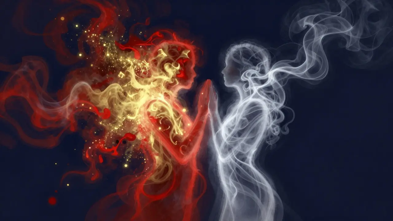 Abstract illustration of a silhouette splitting into explosive red and calm white forms