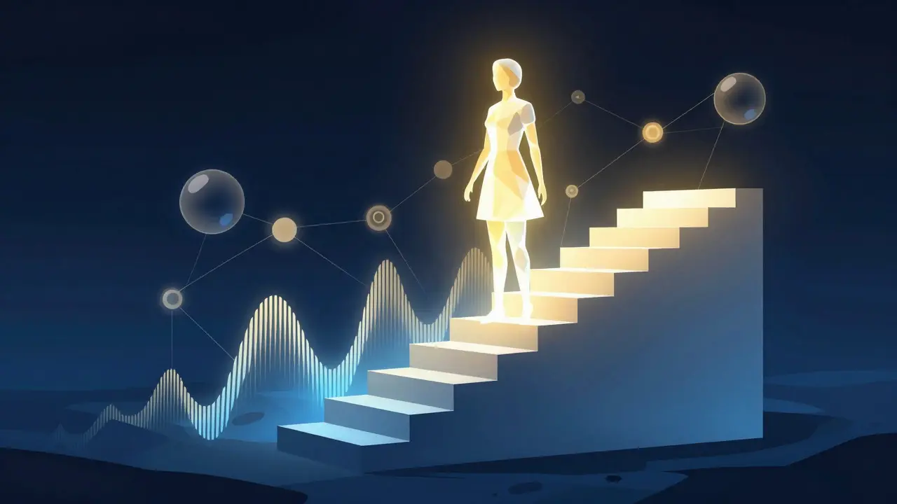 Abstract illustration of a woman ascending a staircase of sound waves