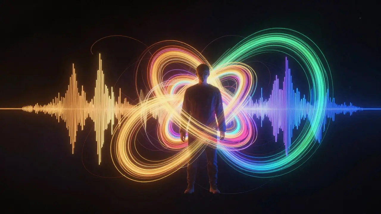 Abstract illustration of intertwined sound waves representing musical collaboration