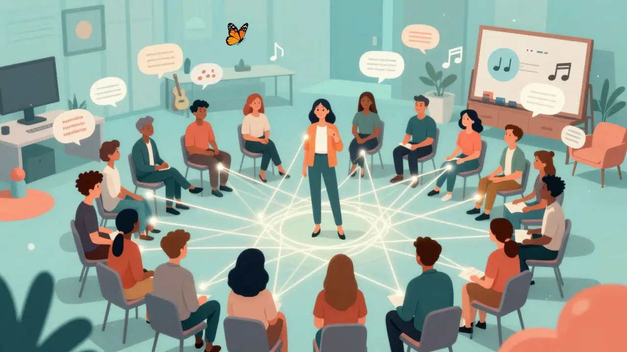 Abstract illustration of people connected by glowing threads representing shared stories