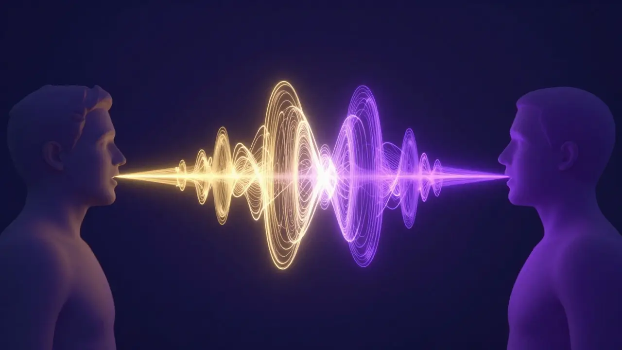 Abstract illustration of two voices merging into a unified harmonic wave
