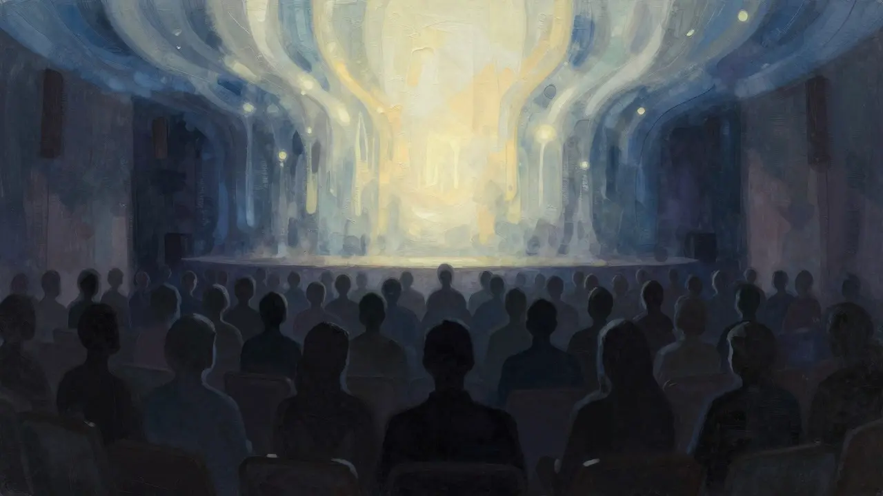 Abstract view of a silhouetted audience in a theater under descending warm light