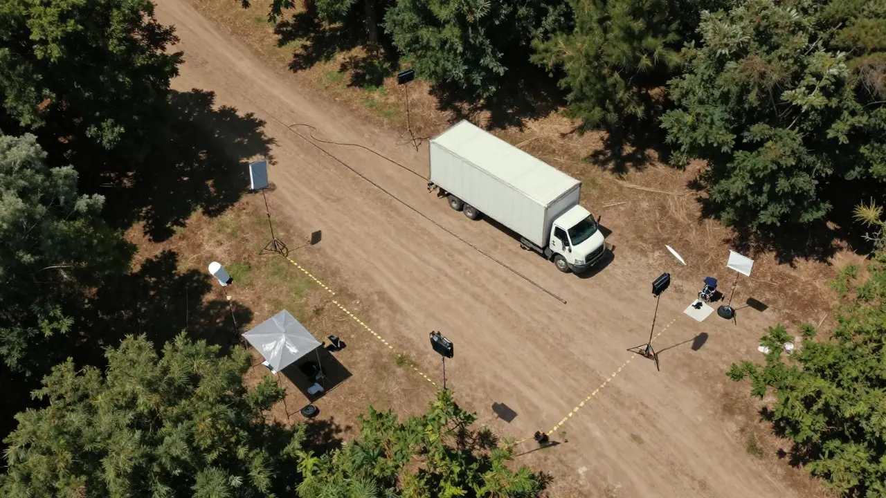 Aerial view of organized film equipment and trucks in a forest clearing