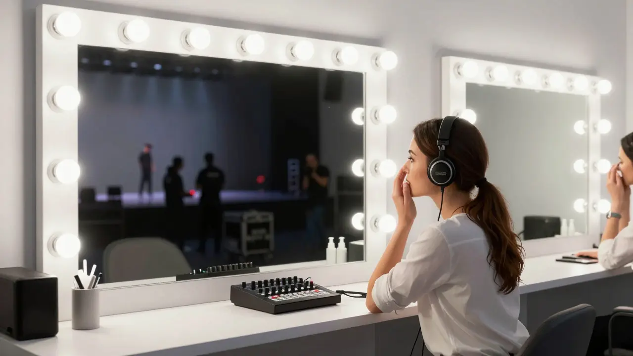 An artist preparing in a dressing room with professional lighting and audio equipment