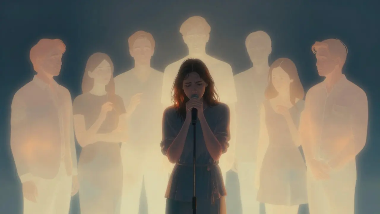 An artistic depiction of a band providing emotional support to a nervous karaoke singer through light.