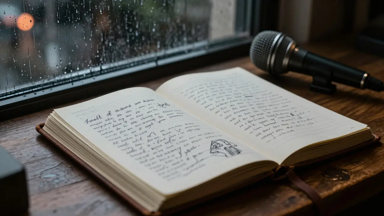 An open journal with handwritten lyrics sits next to a microphone on a rainy night