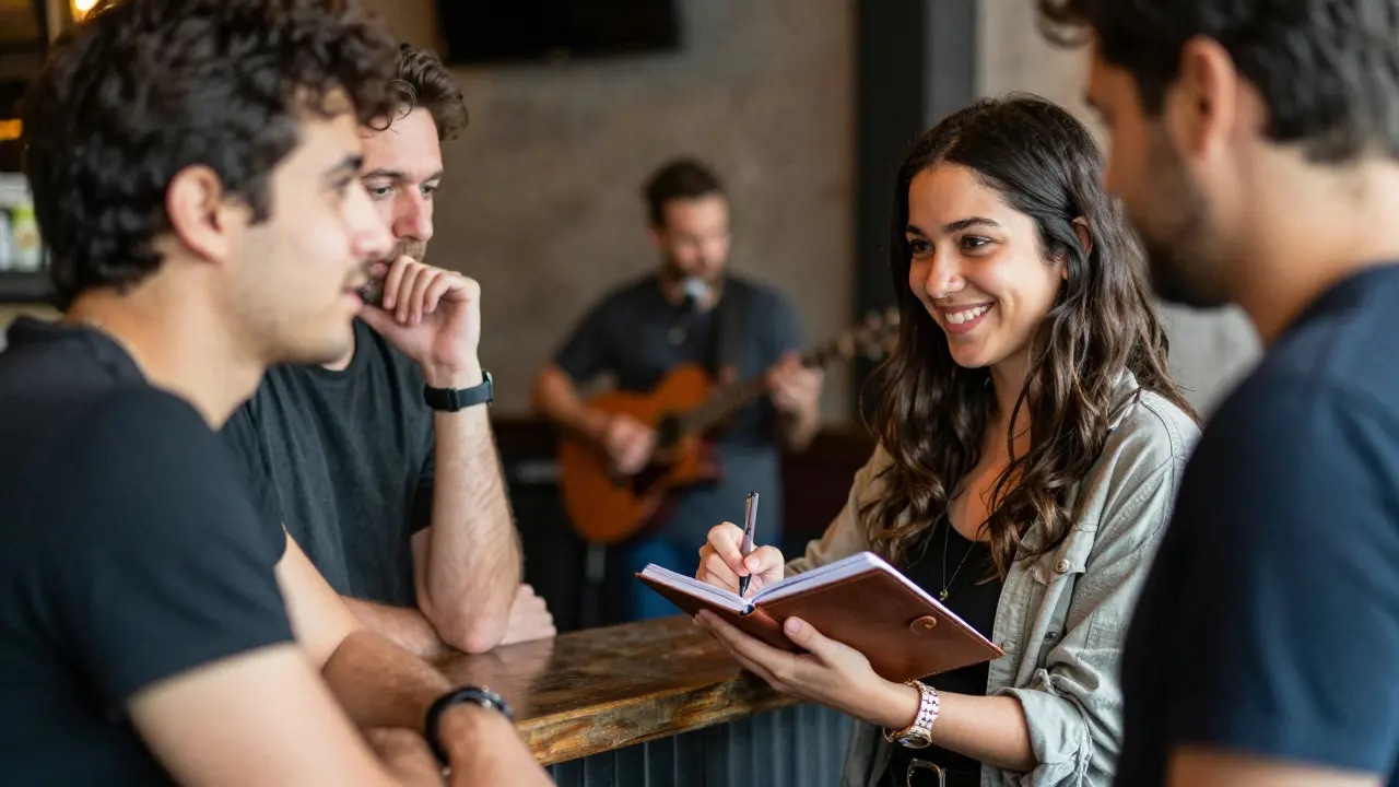 Artist collecting contact information from fans in a notebook after a live show
