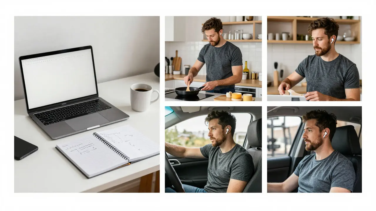 Artist preparing for podcasts at a desk while others listen via earbuds in daily life scenarios.