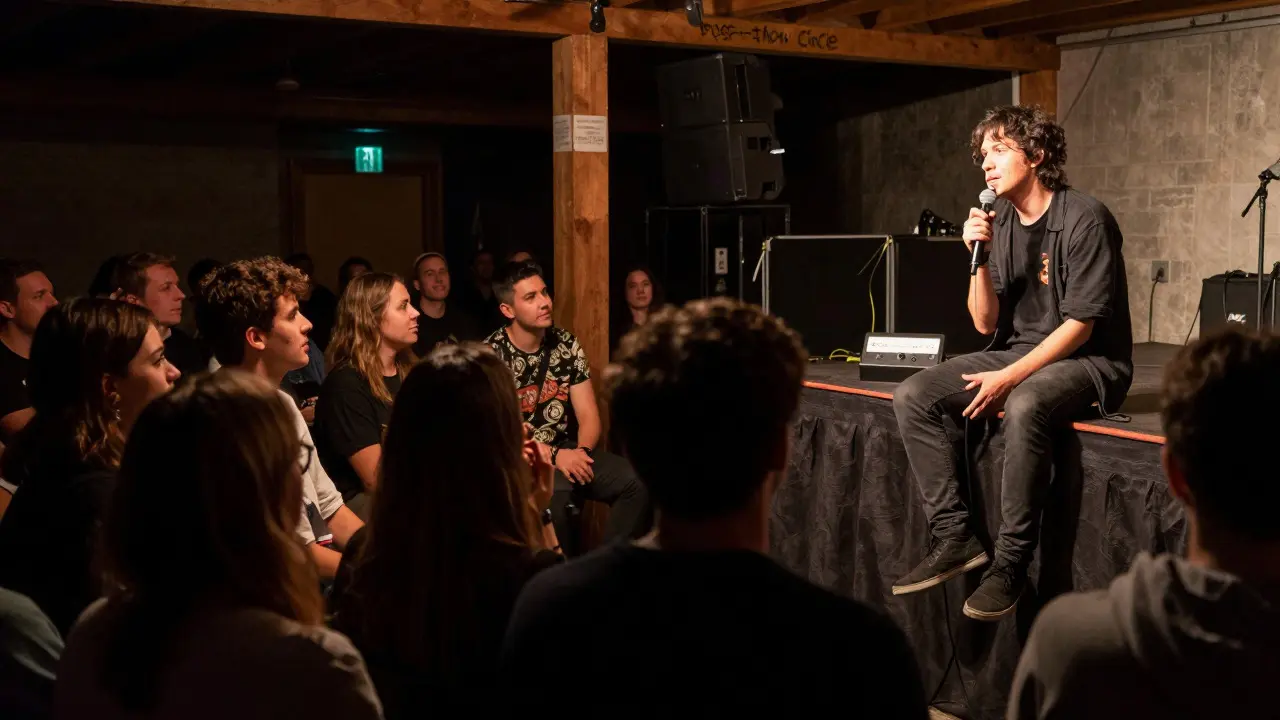 Artist sitting on stage listening to fans share stories in a post-show circle