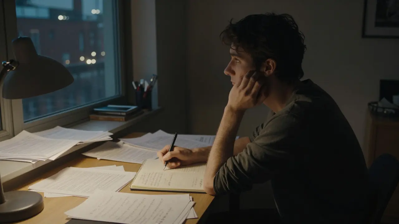 Artist writing notes in a notebook under warm lamplight