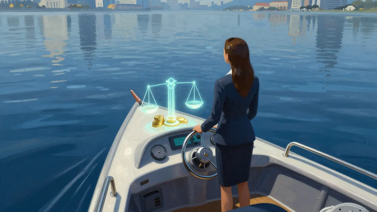 Artistic illustration of a woman steering a boat with financial symbols
