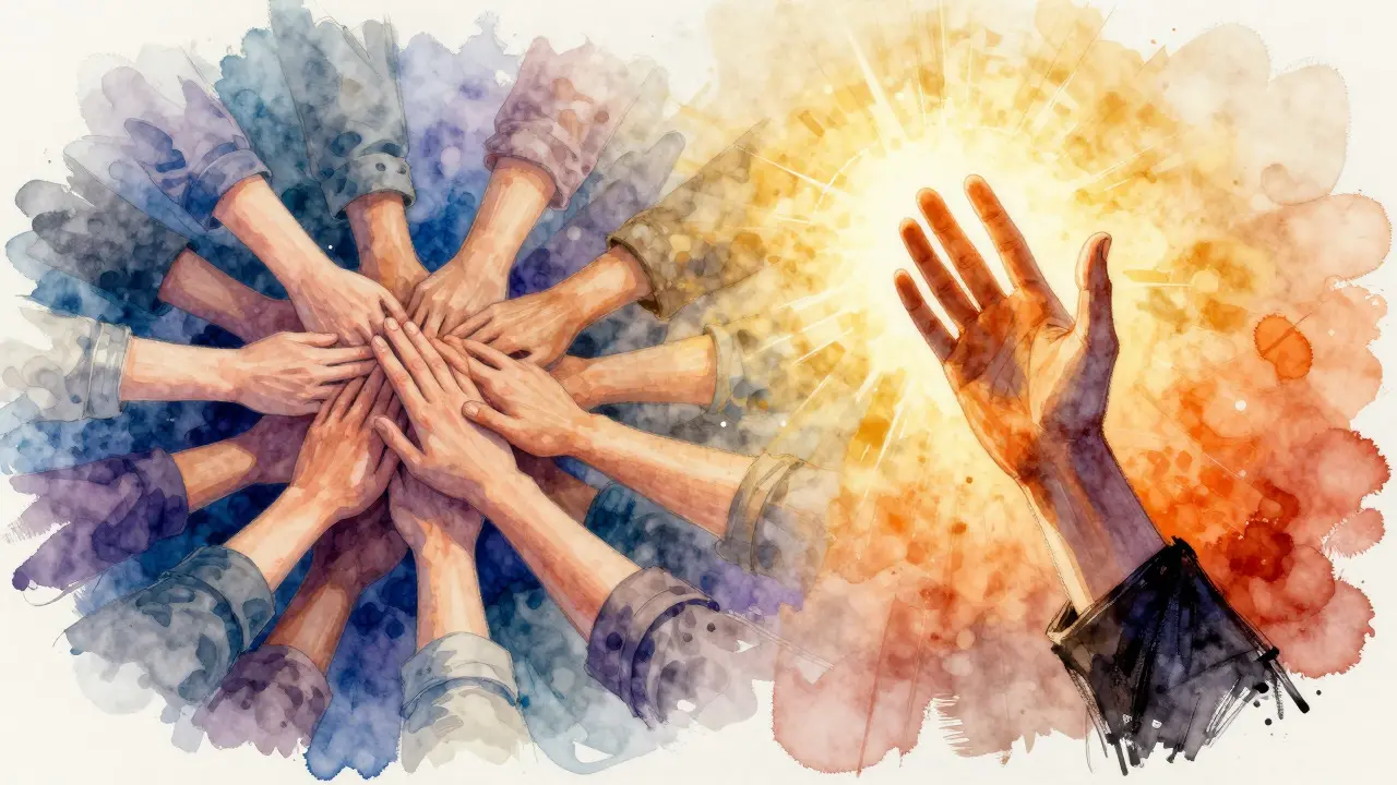 Artistic split image showing hands joining together versus a single hand reaching up